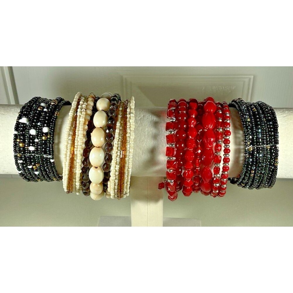Four Bracelets Handmade Glass Beaded Memory Wire Wrap Multicolor Boho Artisan